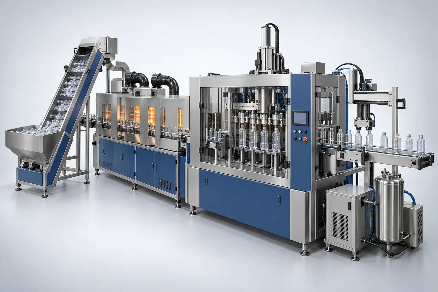 Four-cavity PET blow moulding machine — representative illustration
